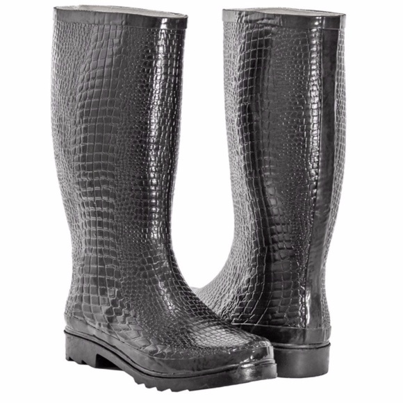 Women Rubber Rain Boots, 14" Black Croco Garden Rainboots - Picture 2 of 4